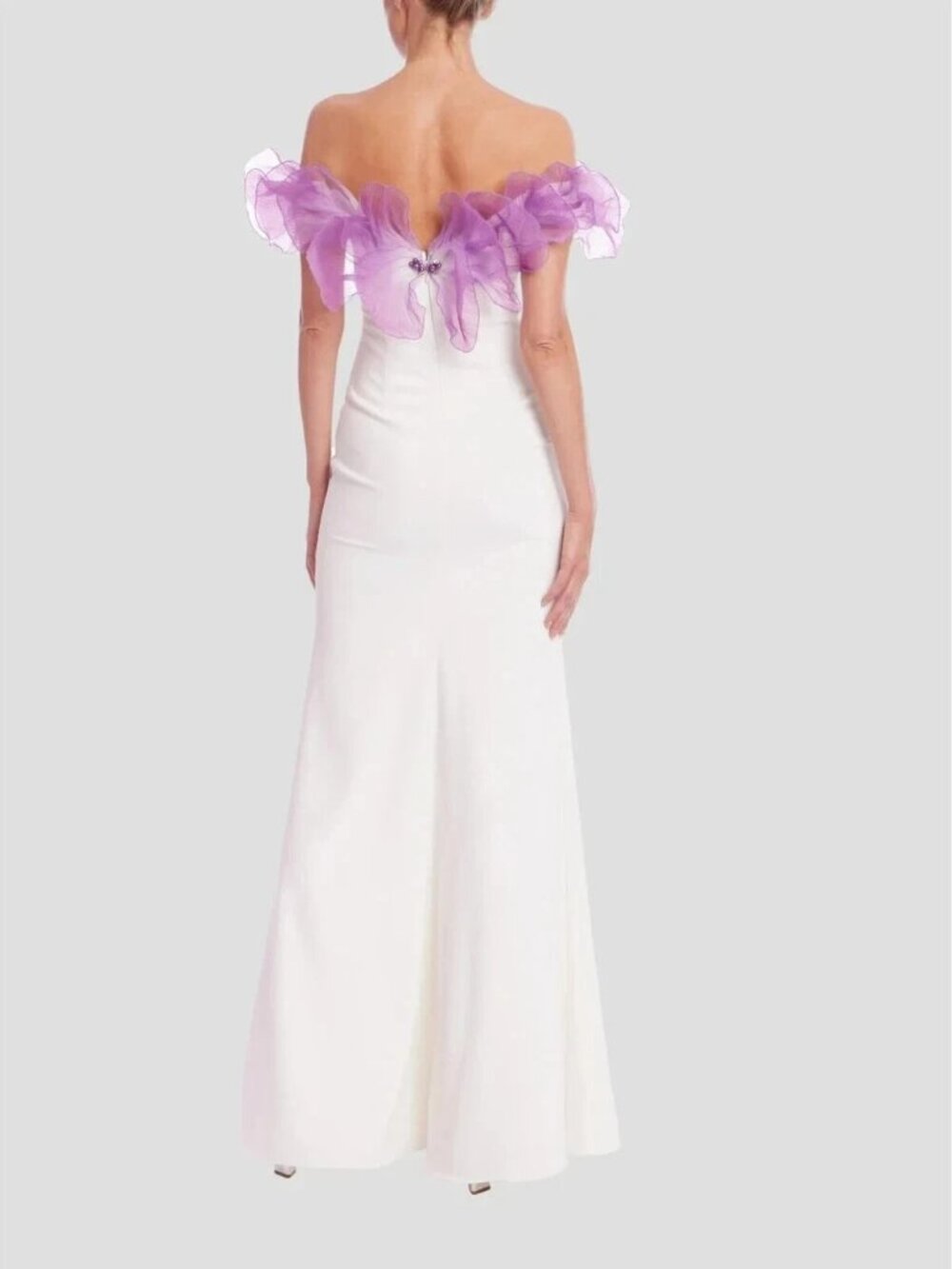 Badgley Mischka Ivory Lavender Flower Off Shoulder Gown - Picture 3 of 3
